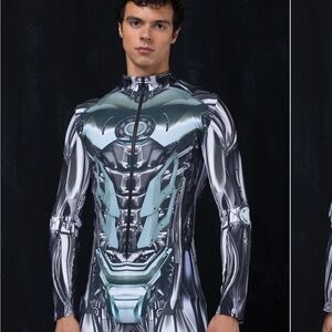 Men's Futuristic Robotic Machina Cyborg Silver Bodysuit Halloween Costume